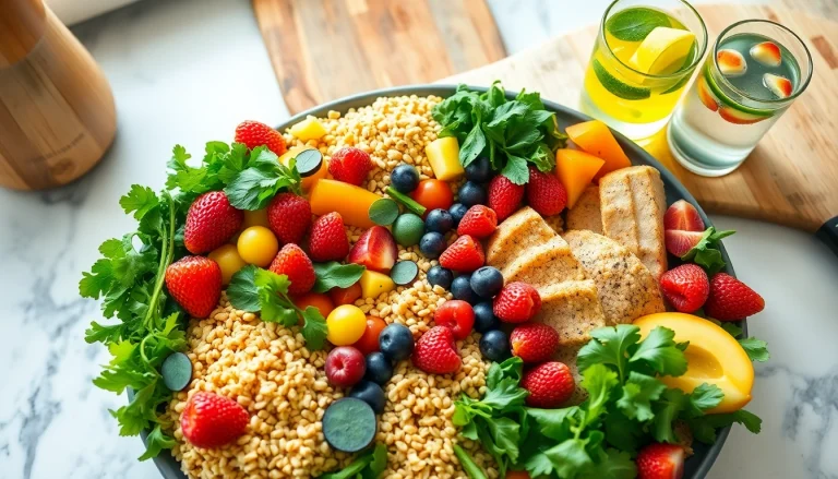 Delight in this vibrant spread of Healthy Food featuring fresh fruits, vegetables, and grains.