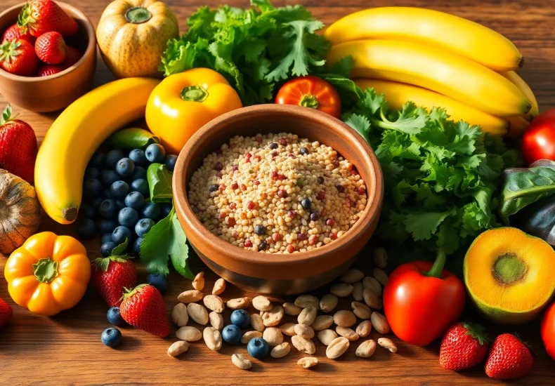 Discover a colorful arrangement of healthy food, featuring fruits, vegetables, and quinoa to inspire healthy eating.