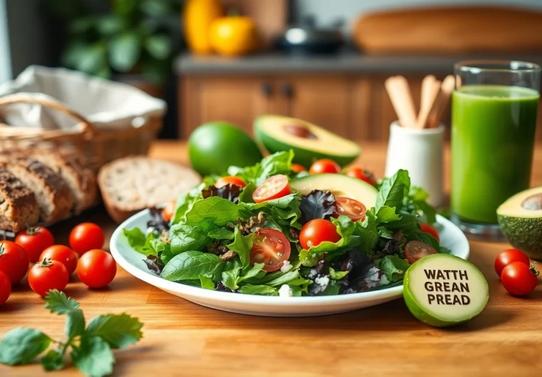 Indulge in a colorful array of healthy food featuring a fresh salad and smoothie.