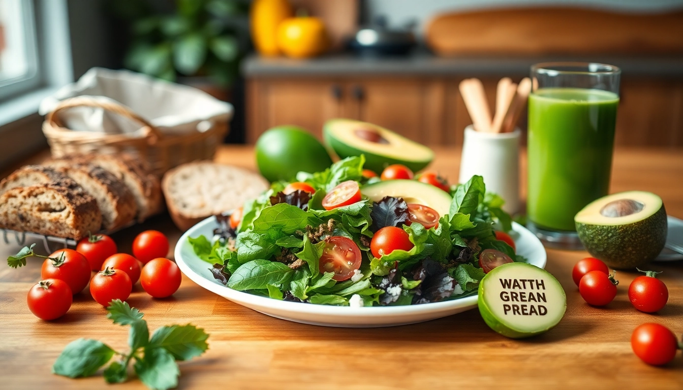 Indulge in a colorful array of healthy food featuring a fresh salad and smoothie.