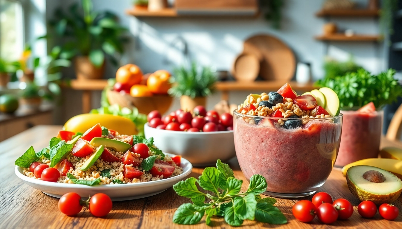 A colorful spread of healthy food including quinoa salad and smoothie bowl.