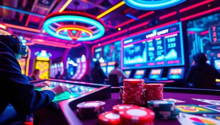 Experience New Technology in a futuristic casino with holographic displays and interactive gaming.