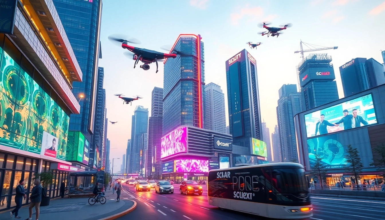 Explore an innovative cityscape showcasing New Technology, featuring drones, autonomous vehicles, and futuristic architecture.