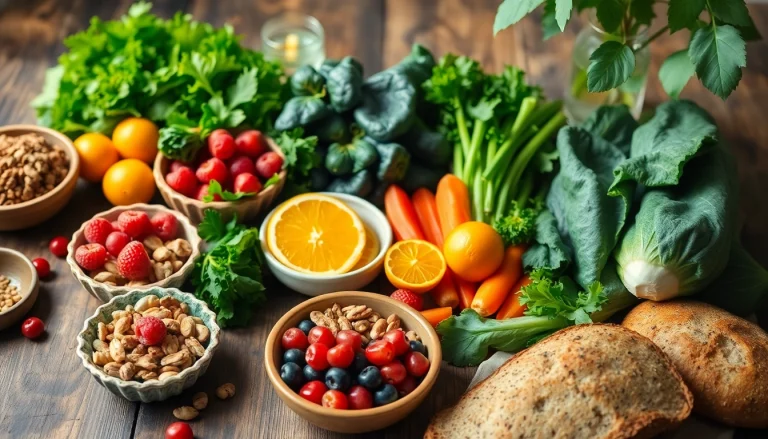 Healthy Food spread with vibrant fruits, vegetables, and nuts on a rustic table.
