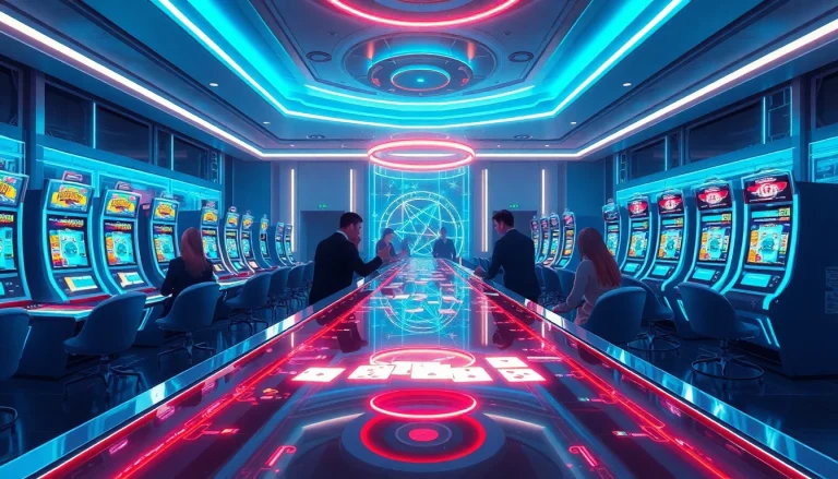Explore new technology in gambling, featuring futuristic slot machines with augmented reality interfaces.