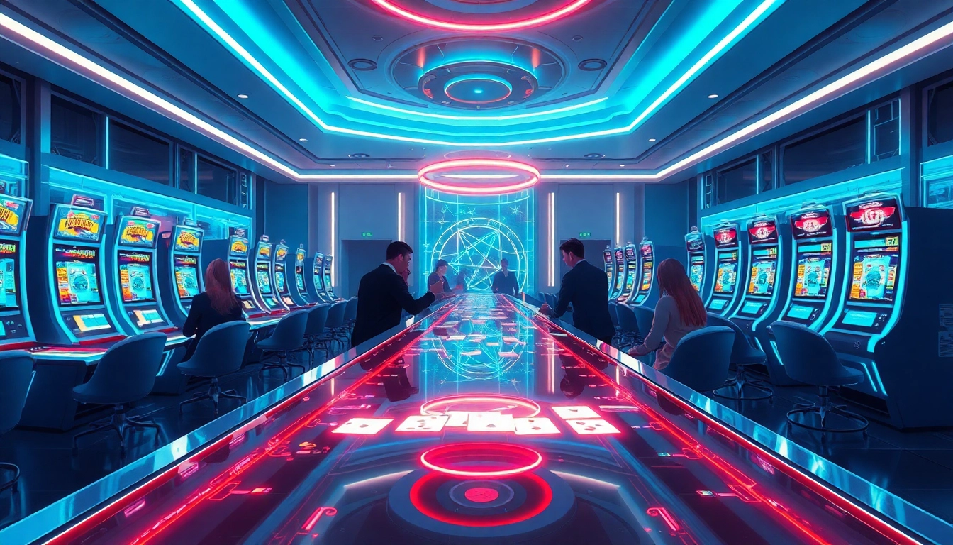 Explore new technology in gambling, featuring futuristic slot machines with augmented reality interfaces.
