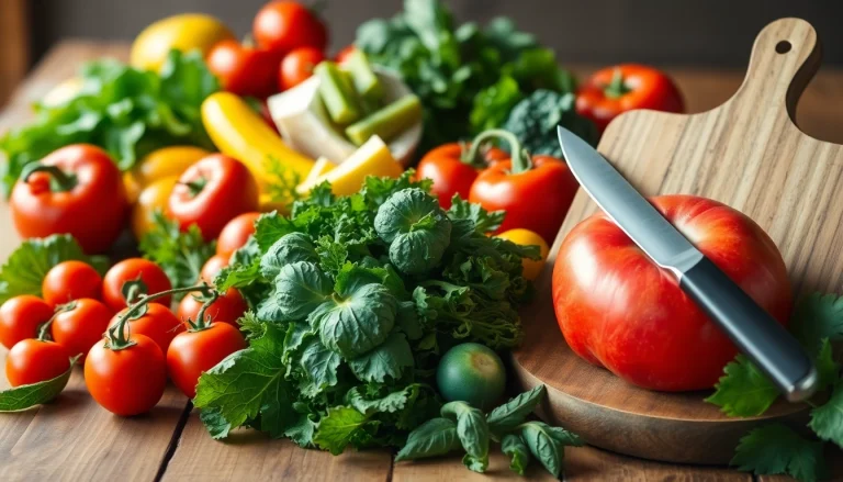 Colorful display of Healthy Food on a rustic table, showcasing fresh produce and culinary tools.