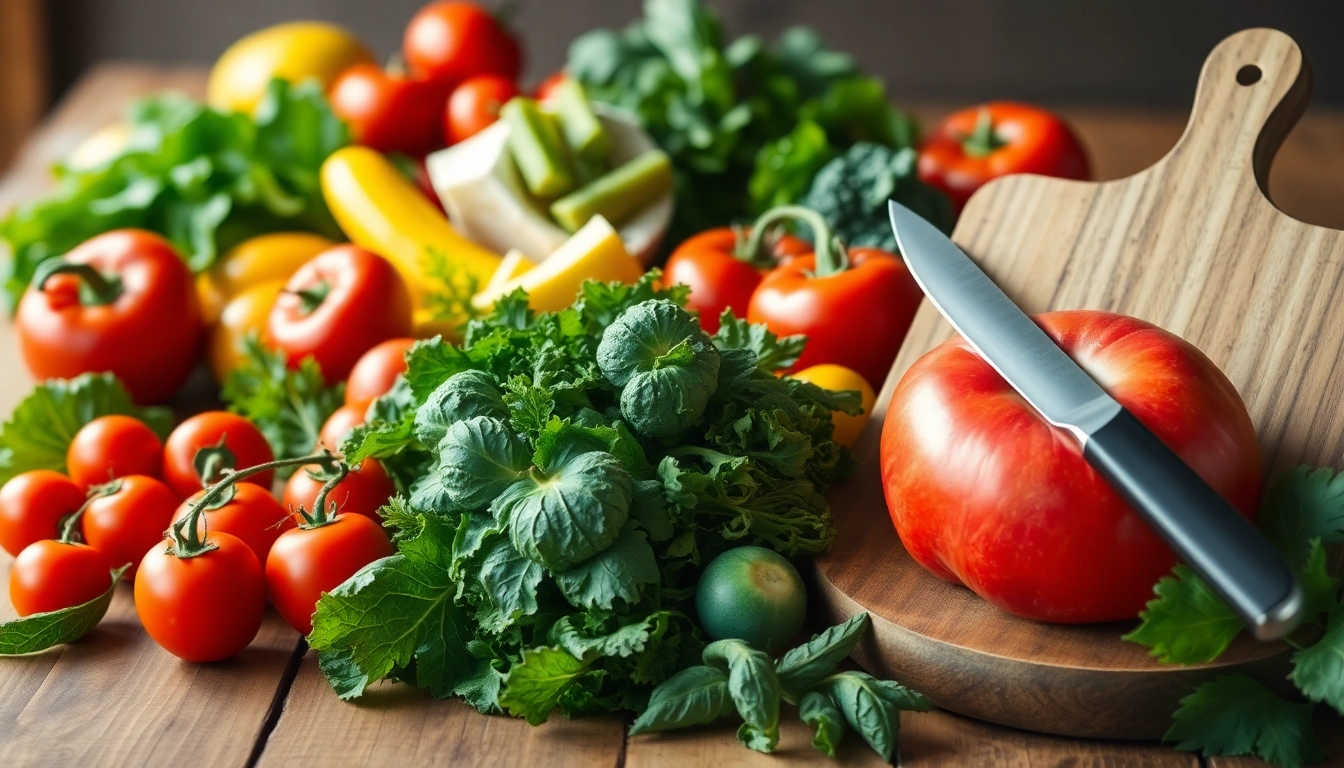 Colorful display of Healthy Food on a rustic table, showcasing fresh produce and culinary tools.