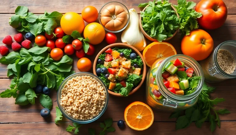 A vibrant display of healthy food including colorful fruits and greens on a rustic table, showcasing fresh nutrition options.
