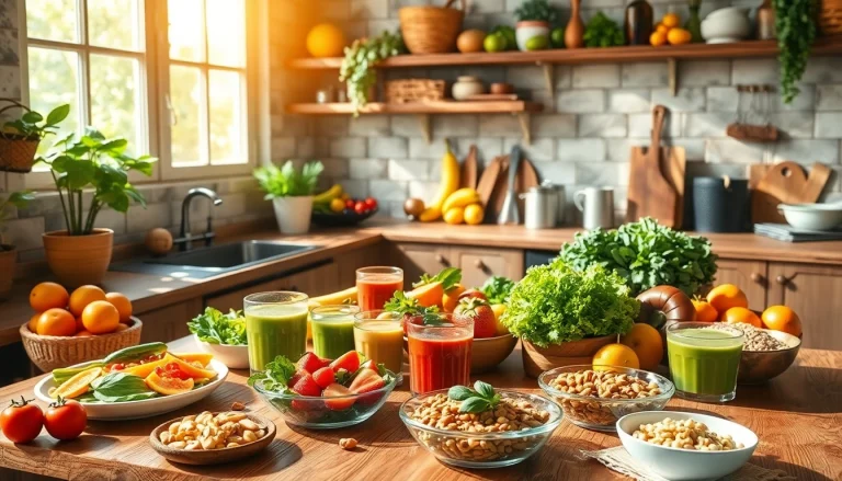 Vibrant display of Healthy Food on a rustic kitchen table featuring fresh fruits, leafy greens, and wholesome grains.