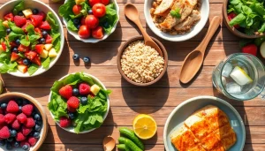 Vibrant display of healthy food options including salads, fruits, and grains.