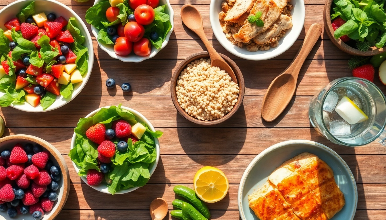 Vibrant display of healthy food options including salads, fruits, and grains.