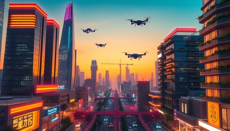 Explore a futuristic cityscape demonstrating New Technology with drones and smart vehicles.