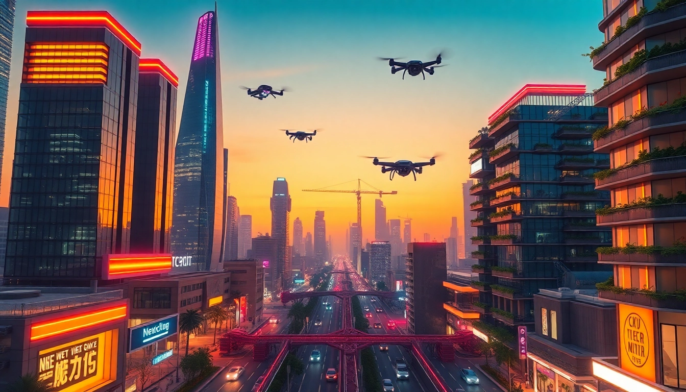 Explore a futuristic cityscape demonstrating New Technology with drones and smart vehicles.