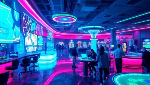 Explore New Technology in gambling with interactive holographic casino experiences featuring players and digital interfaces.