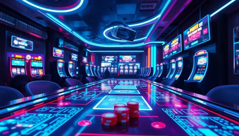 Experience new technology in a futuristic casino with holographic displays.