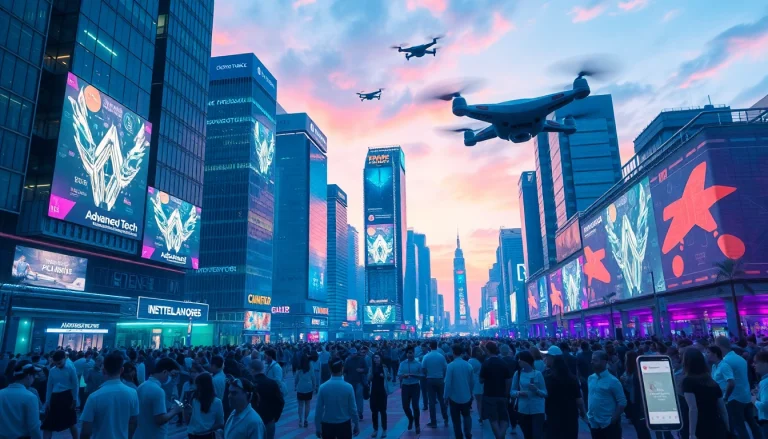 Showcase new technology in a vibrant futuristic city scene with augmented reality devices and digital billboards.