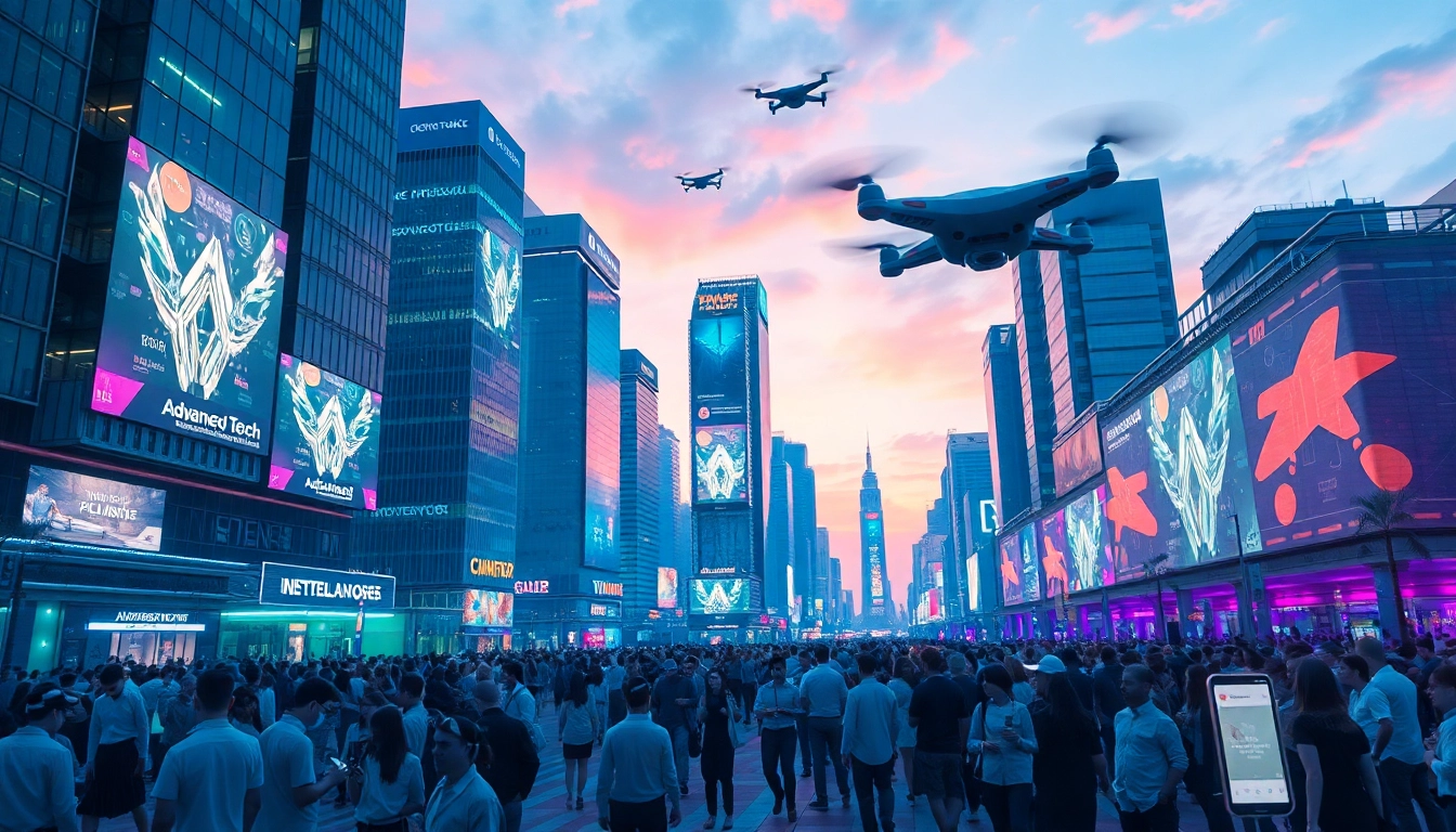 Showcase new technology in a vibrant futuristic city scene with augmented reality devices and digital billboards.