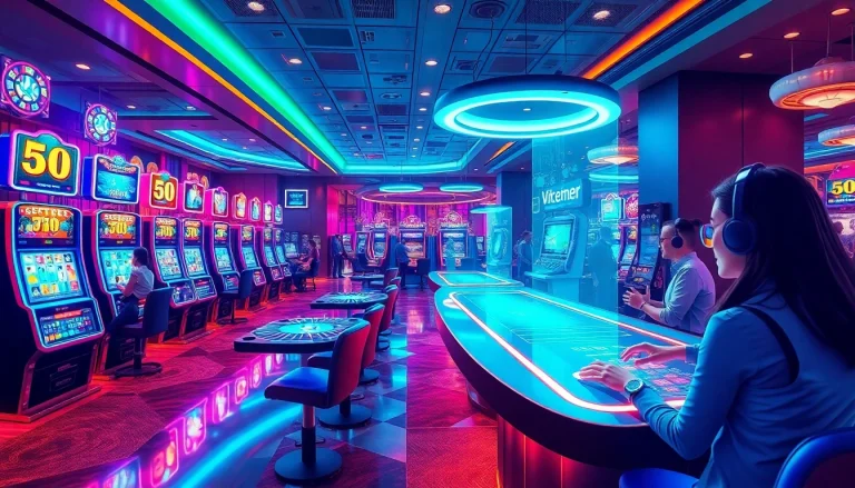 Experience new technology in a futuristic smart casino featuring holographic gaming and AI dealers.
