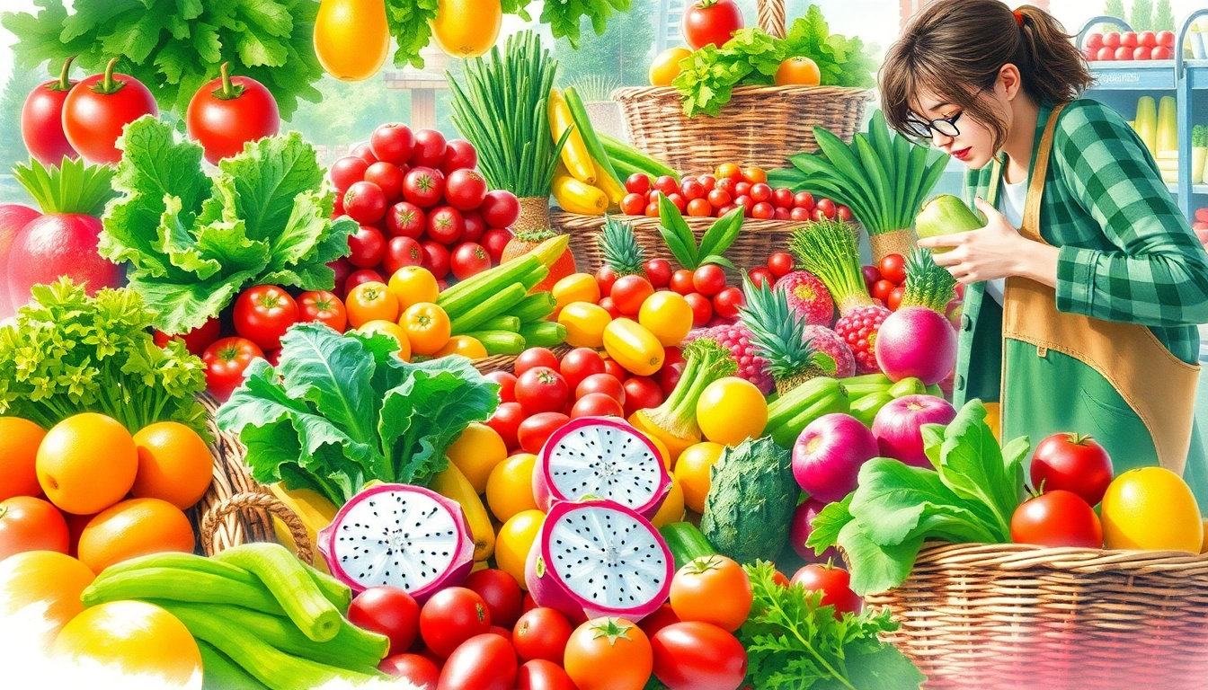 Explore a vibrant market scene filled with Healthy Food options, showcasing fresh vegetables and fruits.