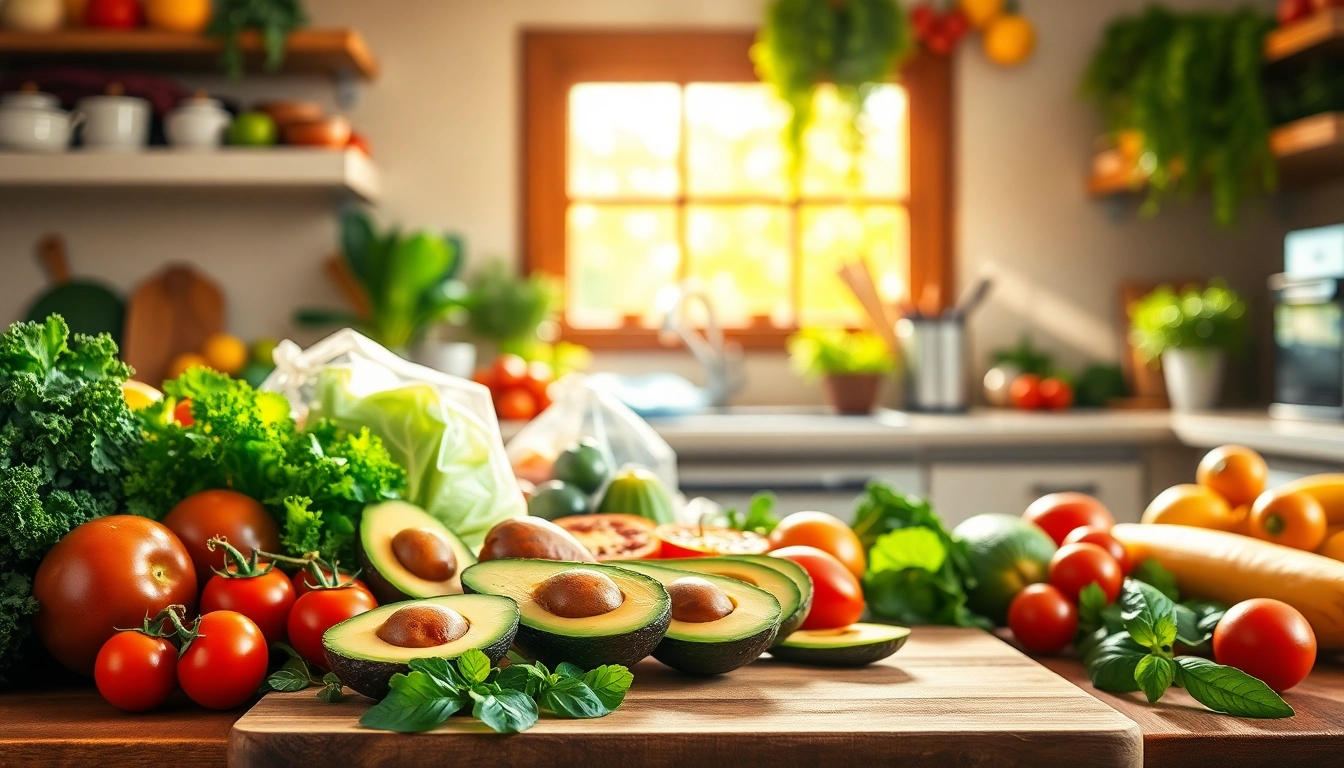 Explore a vibrant kitchen filled with Healthy Food ingredients, showcasing fresh fruits and vegetables.