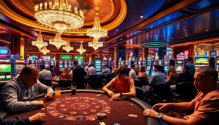 Experience the excitement of casino gambling at https://sbobet102.com/ with players strategizing at the poker table amidst vibrant slot machines.