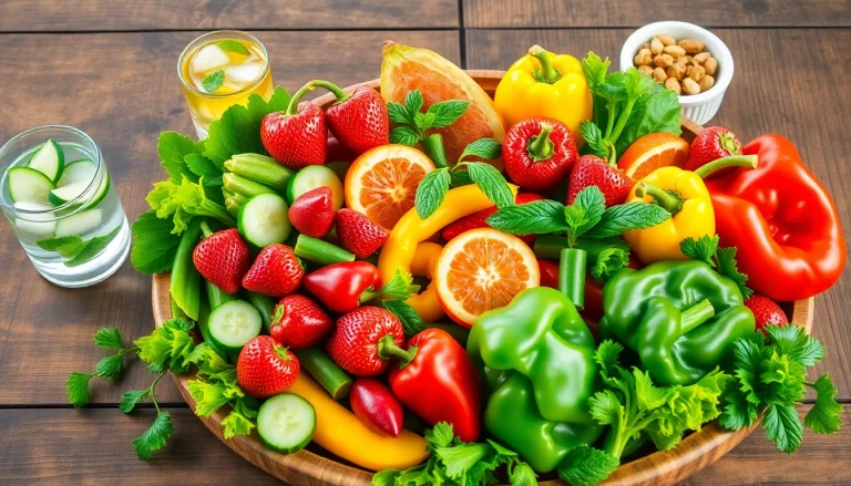 Platter of healthy food featuring colorful fruits and vegetables.