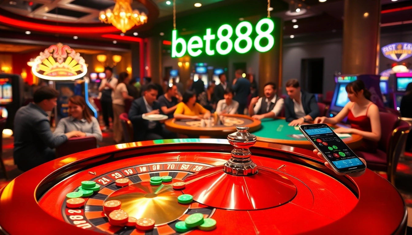 Experience the thrill of bet888 as players engage in a lively casino with roulette wheel and poker games.