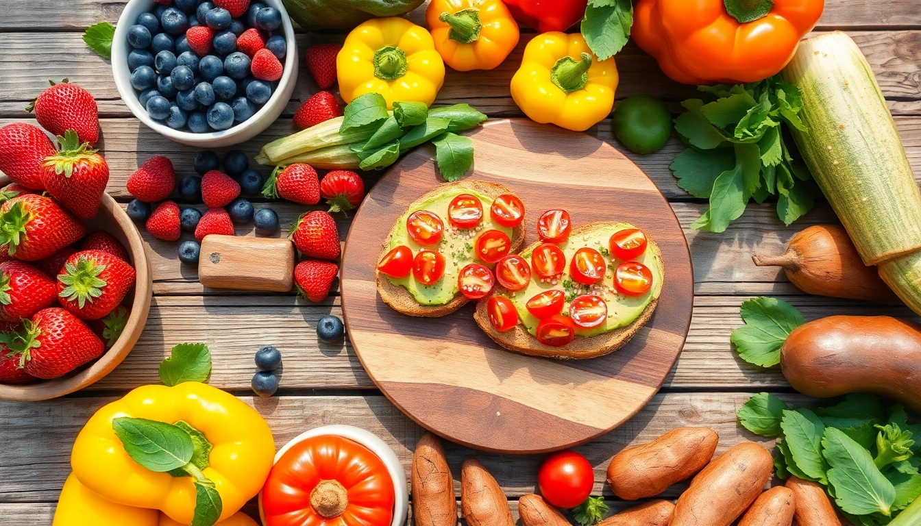 Vibrant healthy food spread featuring fresh fruits, colorful vegetables, and avocado toast.