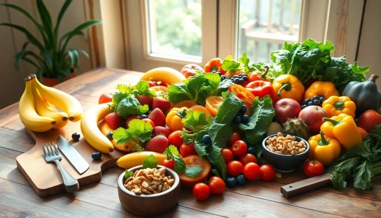 Delicious healthy food spread featuring fresh fruits and vegetables.