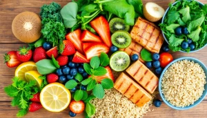 A colorful arrangement of healthy food featuring fruits, vegetables, and lean proteins, emphasizing nutritious choices.