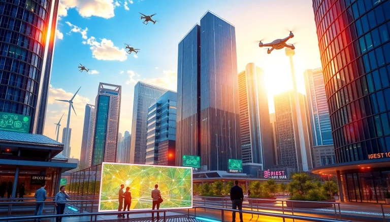 Explore New Technology in a futuristic city illuminated by sunset, showcasing innovation and humanity.