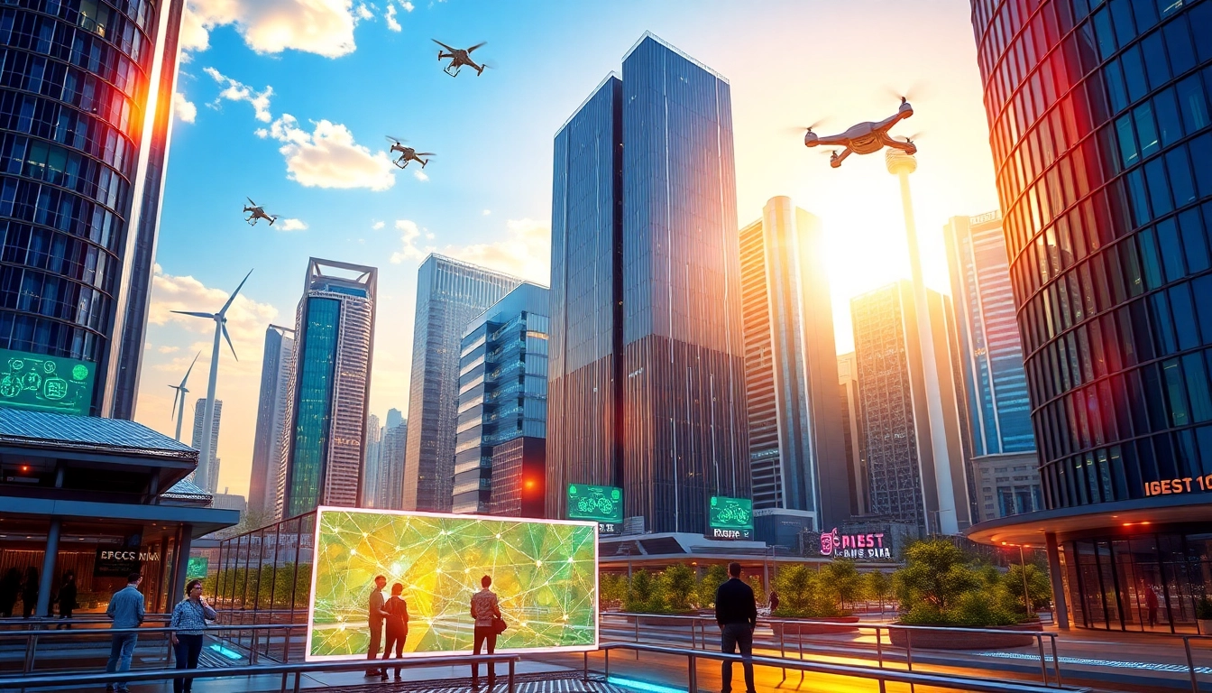 Explore New Technology in a futuristic city illuminated by sunset, showcasing innovation and humanity.