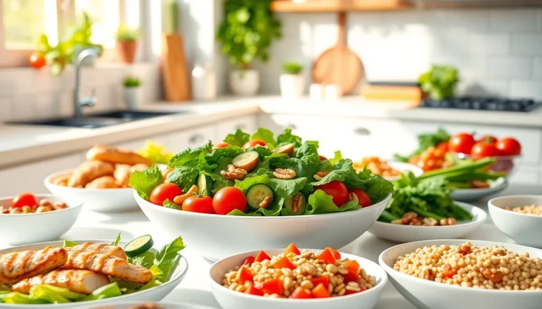 Indulge in a vibrant spread of healthy food showcasing colorful salads, grilled chicken, and fresh vegetables.
