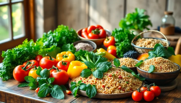 Showcase a vibrant healthy food spread, featuring colorful fruits and vegetables arranged beautifully for a nutritious meal.