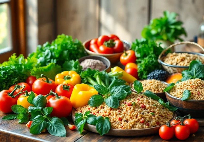 Showcase a vibrant healthy food spread, featuring colorful fruits and vegetables arranged beautifully for a nutritious meal.