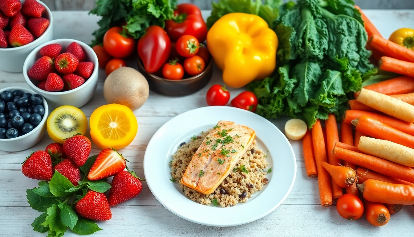 A colorful display of healthy food choices, including fruits, vegetables, and salmon.