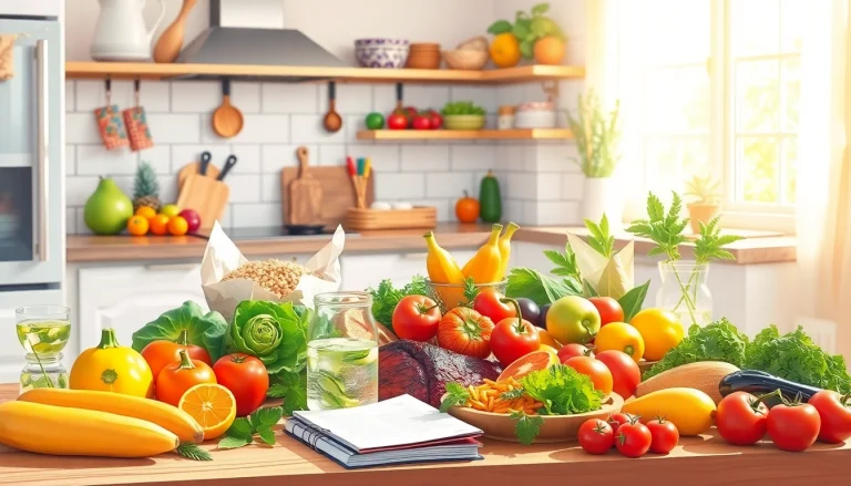 Showcase a vibrant arrangement of healthy food options like fruits and vegetables on a kitchen table.