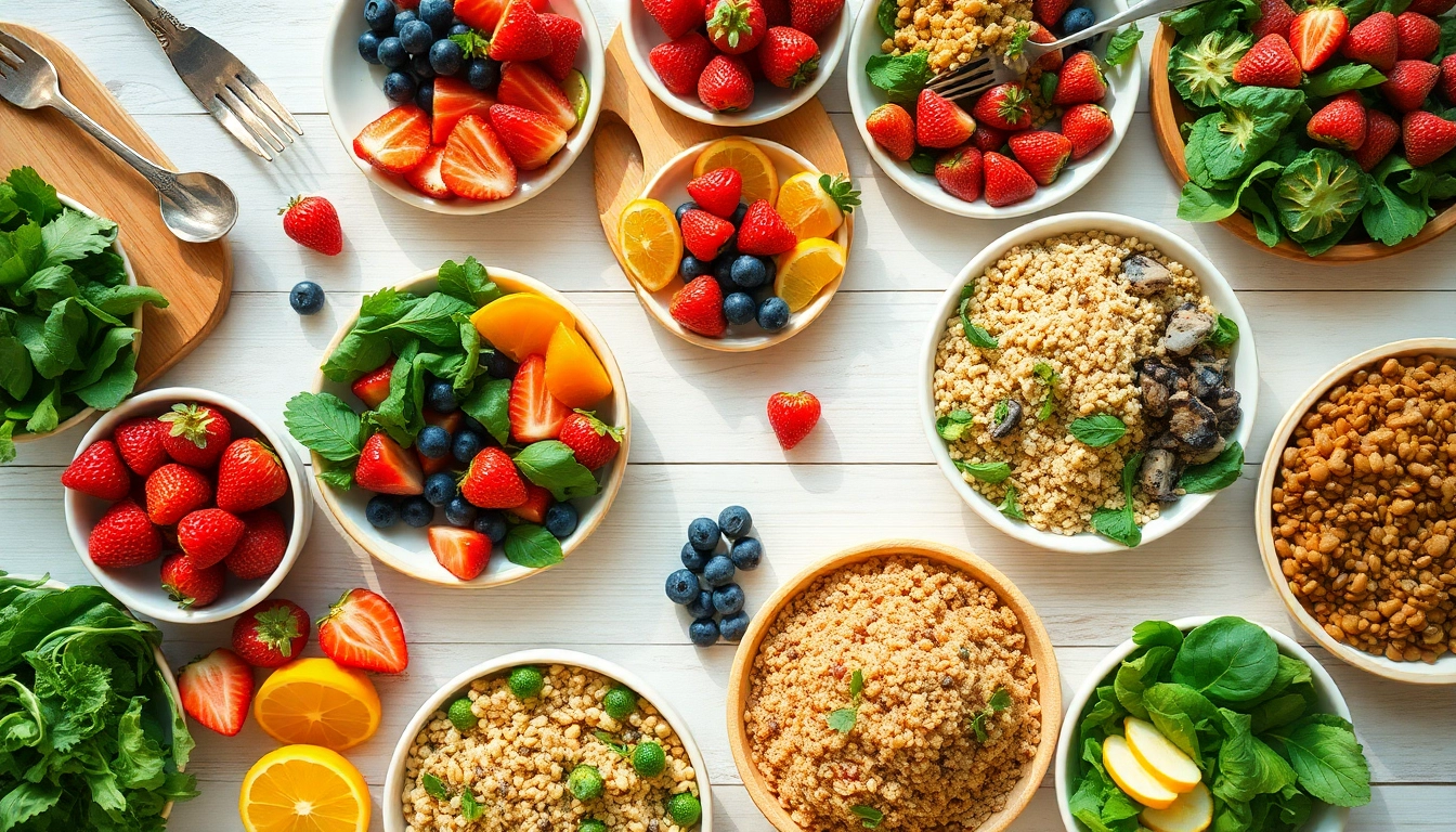 A diverse spread of healthy food showcasing vibrant fruits, leafy greens, and wholesome grains beautifully arranged on a rustic table.