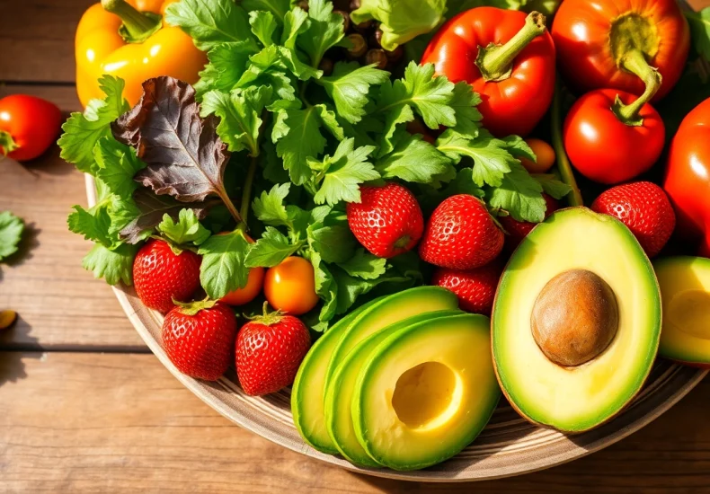 Discover a beautifully arranged plate of healthy food featuring colorful fruits and vegetables that promote wellbeing.