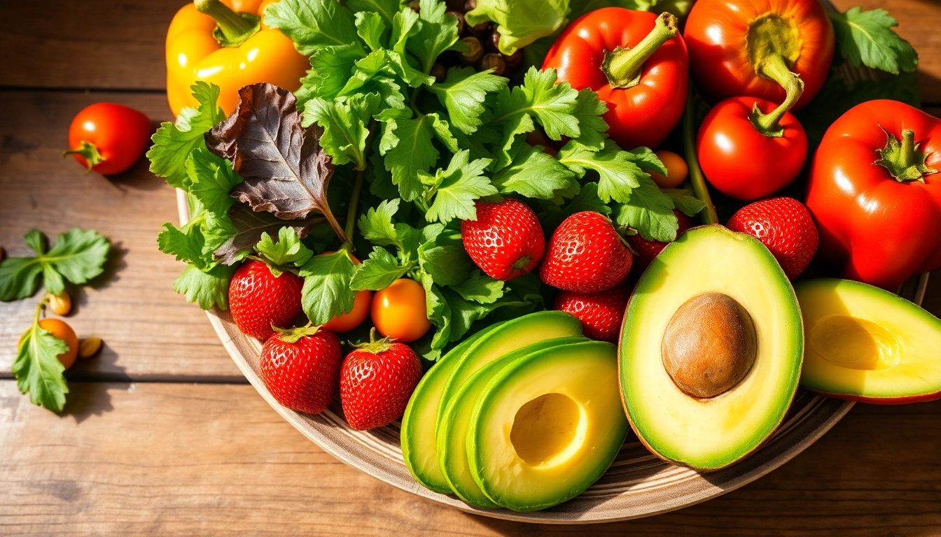 Discover a beautifully arranged plate of healthy food featuring colorful fruits and vegetables that promote wellbeing.