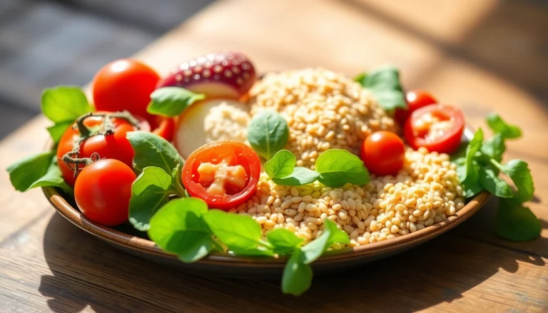 Vibrant plate of healthy food featuring colorful vegetables and fresh fruits.