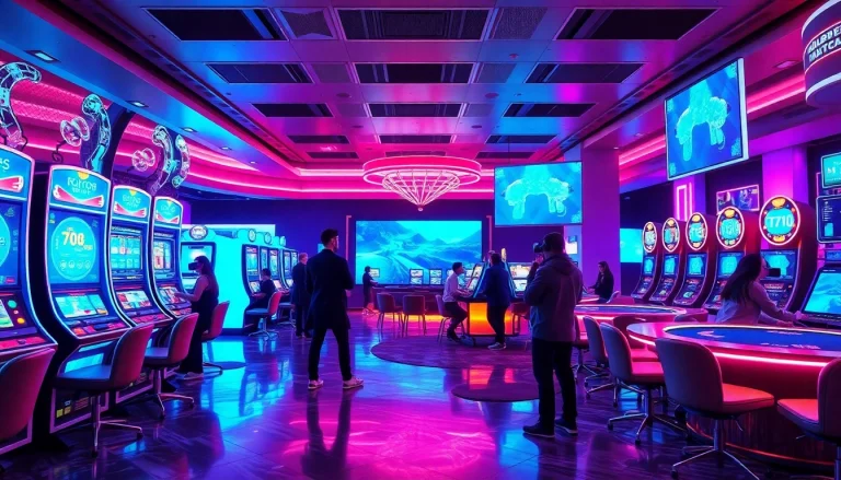 Exciting futuristic casino lobby showcasing New Technology with holographic games and VR elements.
