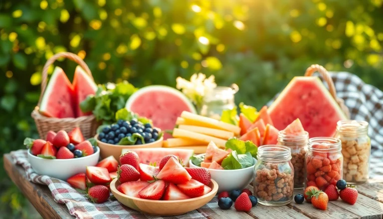Enjoy a colorful spread of Healthy Food at an outdoor picnic scene.