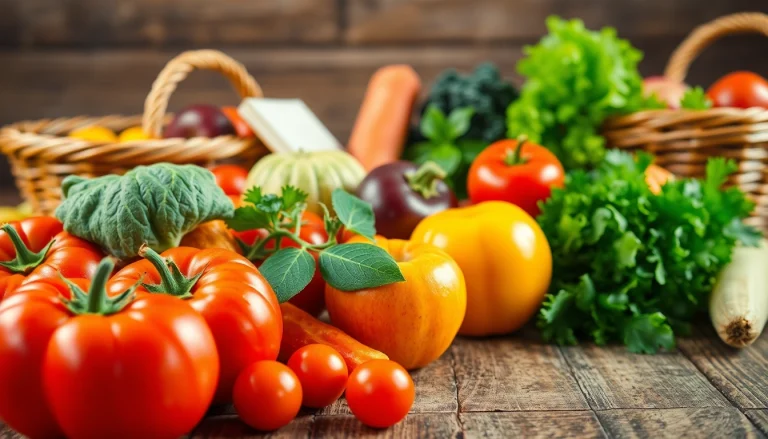 Indulge in a colorful display of Healthy Food including fresh fruits and vegetables arranged beautifully on a rustic table.