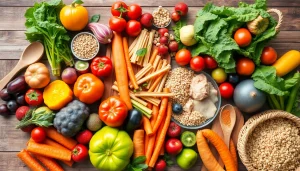 A colorful assortment of healthy food on a rustic wooden table showcasing fresh fruits and vegetables.