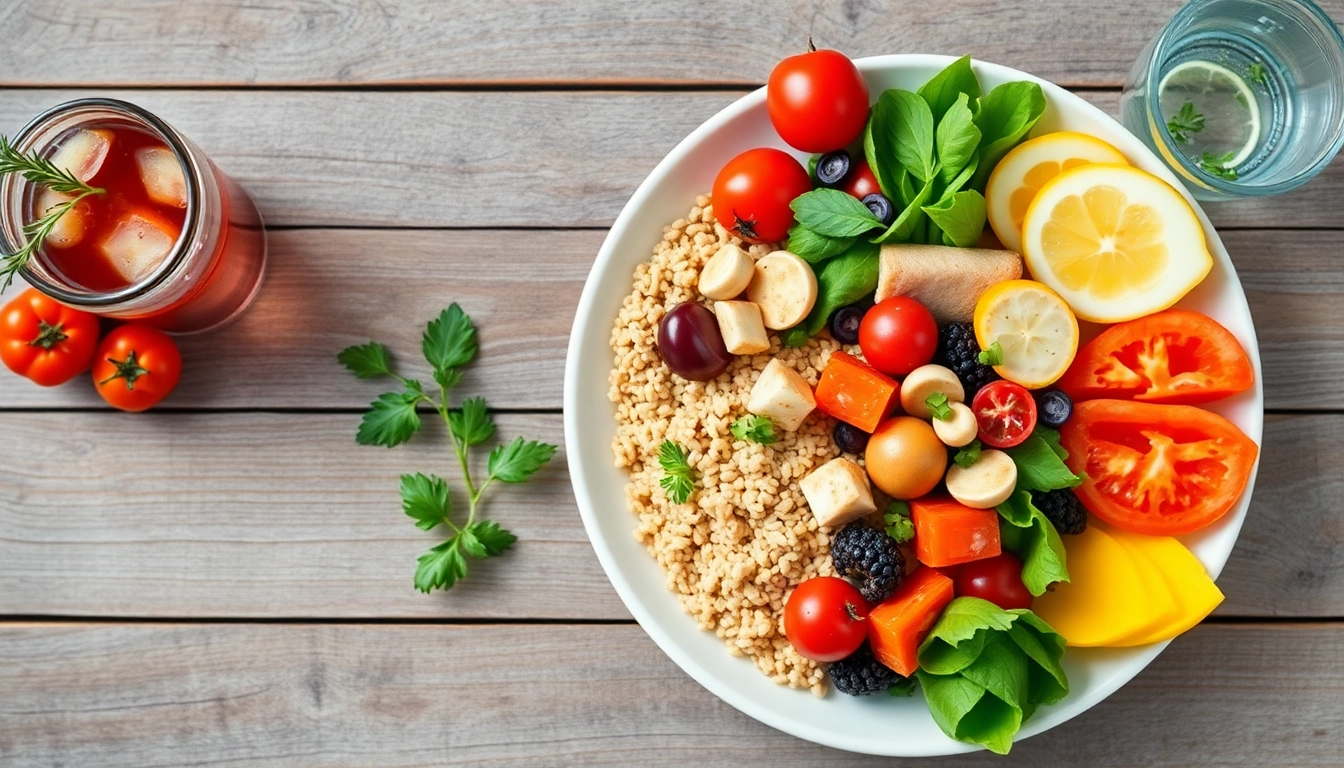 Colorful plate of healthy food featuring fresh vegetables and lean proteins.