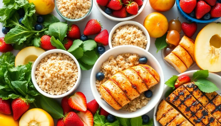 Freshly prepared healthy food spread with colorful fruits and vibrant vegetables.