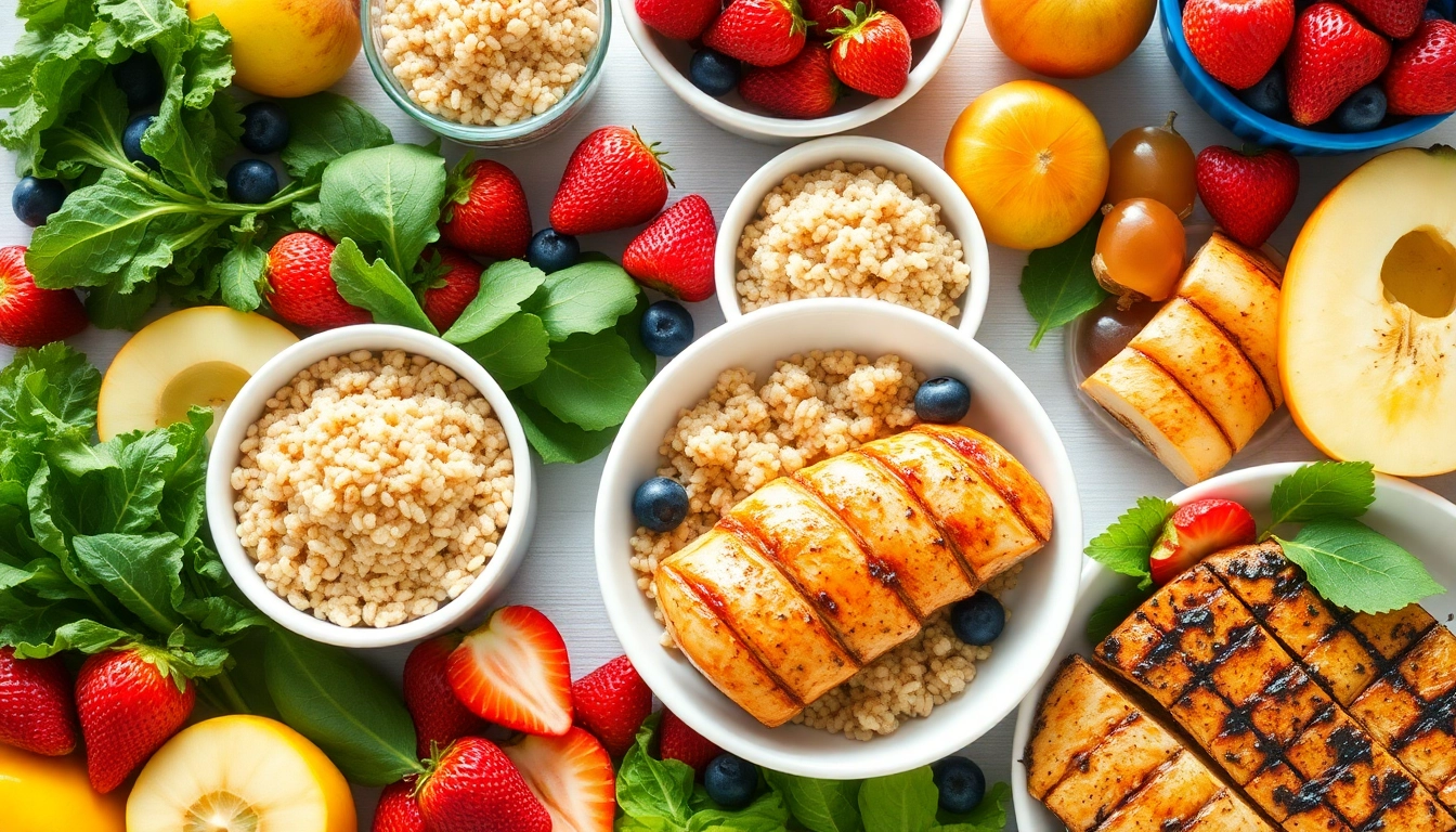 Freshly prepared healthy food spread with colorful fruits and vibrant vegetables.