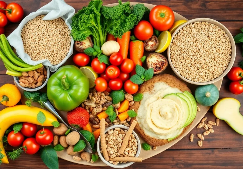 Vibrant healthy food spread showcasing fresh fruits, vegetables, and nuts to inspire nutritious eating habits.